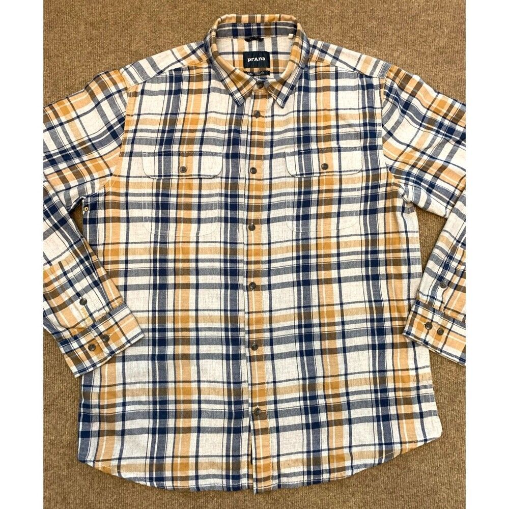 PrAna Flannel Shirt Mens L Edgewater Plaid Long Sleeve Button Up Cotton Blend